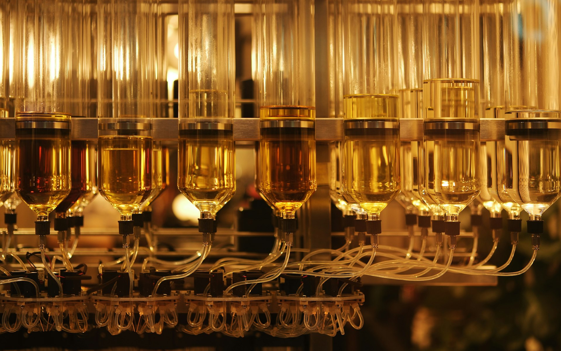 a bunch of wine glasses hanging from a rack